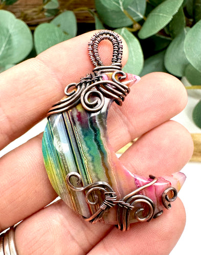 Rainbow Druzy Agate Moon Wire Wrapped Copper Pendant Necklace