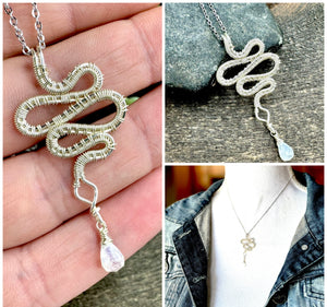 Silver Mini Serpent Necklace with Rainbow Moonstone