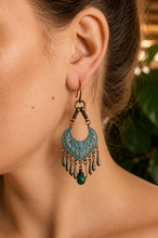 Load image into Gallery viewer, Boho Patina Filagree &amp; Emerald Earrings