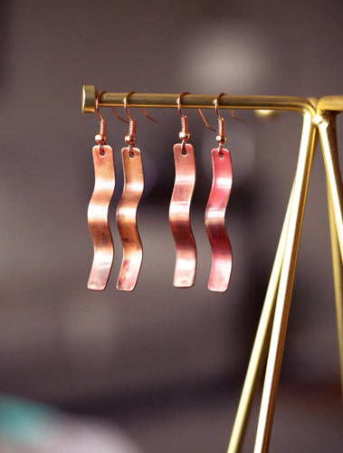 Flamed Copper Wave Stick Earrings
