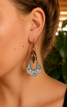Load image into Gallery viewer, Boho Fan Patina &amp; Garnet Leaf Earrings