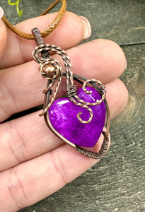 Purple Quartz Heart Copper Wire Wrapped Pendant Necklace
