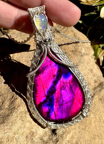 Sterling Silver Dyed Purple Labradorite & Ethiopian Opal Pendant Necklace