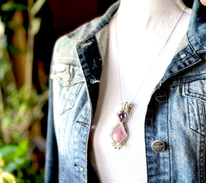 Rose Quartz & Amethyst Wire Wrapped Silver Amulet Necklace