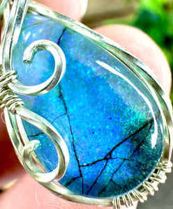 Deep Blue Monarch Opal-Sterling Silver- Sara Wire Wrapped Pendant Necklace