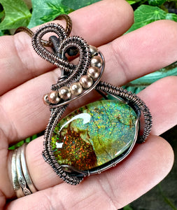 Monarch Opal Lila Copper Wire Wrapped Pendant Necklace