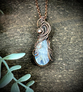 Rainbow Moonstone Wire Wrapped Pendant-Oxidized Copper