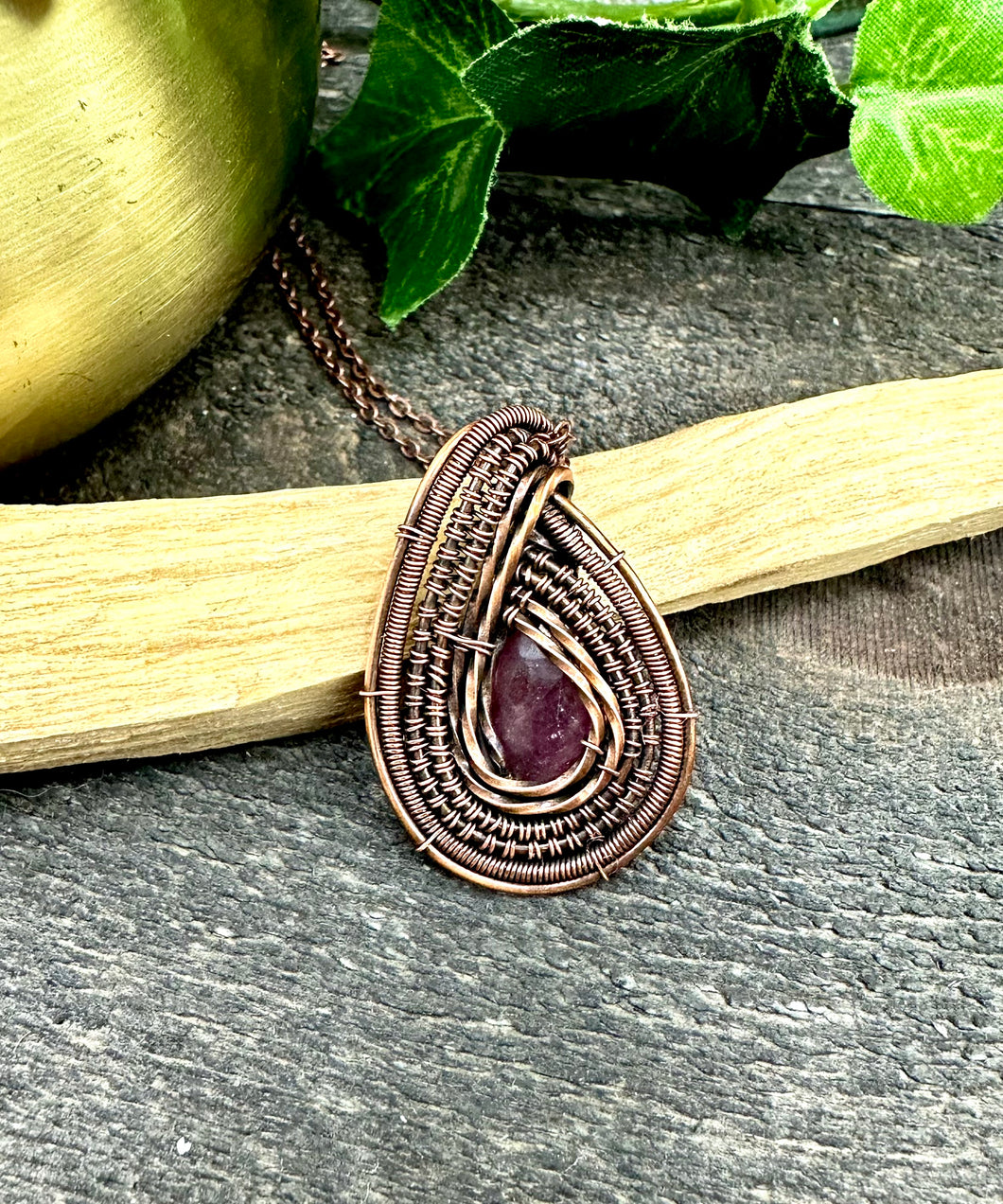 Ruby Flower Bud Nano Wire Wrapped Copper Pendant Necklace