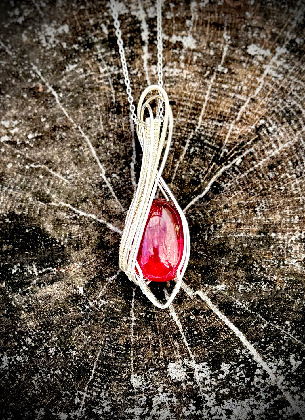 Ruby Echo Silver Wire Wrapped Pendant Necklace