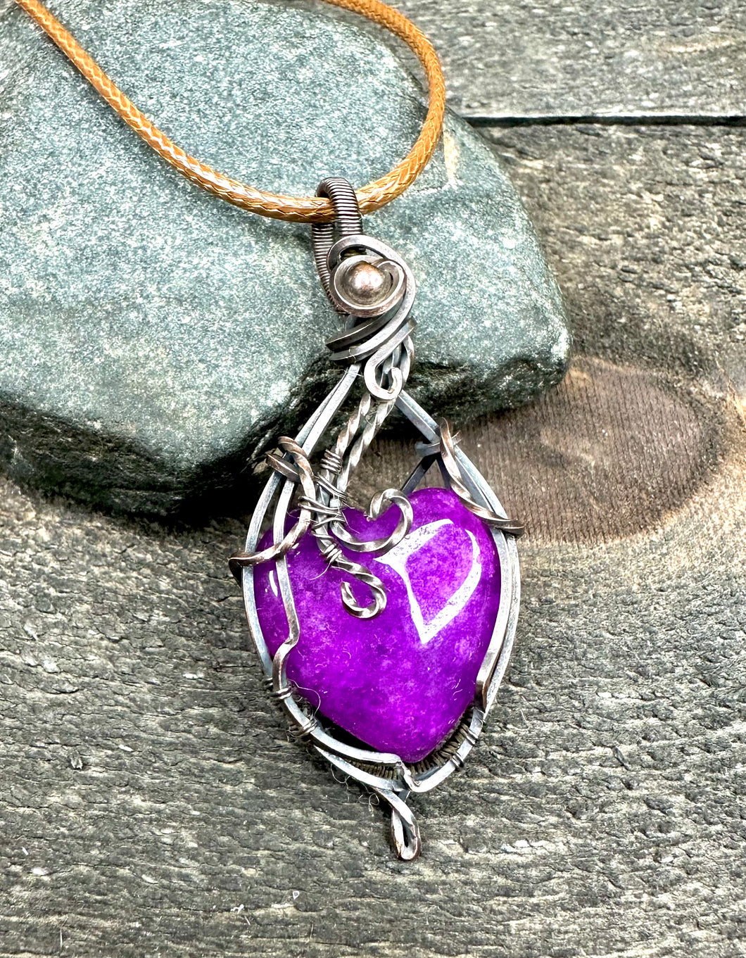Purple Quartz Heart Copper Wire Wrapped Pendant Necklace-Twist