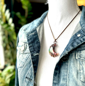 Rainbow Druzy Agate Moon Wire Wrapped Copper Pendant Necklace