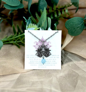 Aquamarine Lotus Silver Necklace with Card