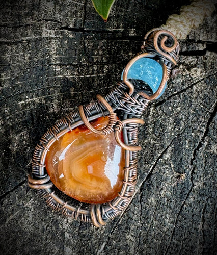 Carnelian Agate & Aquamarine Sun & Moon Copper Wire Wrapped Pendant Necklace