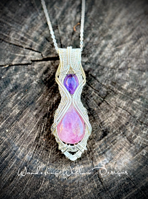 Rose Quartz & Amethyst Wire Wrapped Silver Amulet Necklace