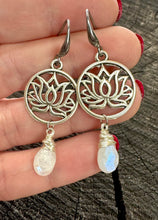 Load image into Gallery viewer, Rainbow Moonstone &amp; Lotus Earrings