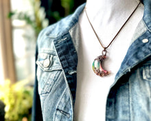 Load image into Gallery viewer, Rainbow Druzy Agate Moon Wire Wrapped Copper Pendant Necklace