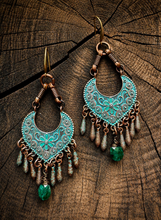 Load image into Gallery viewer, Boho Patina Filagree &amp; Emerald Earrings