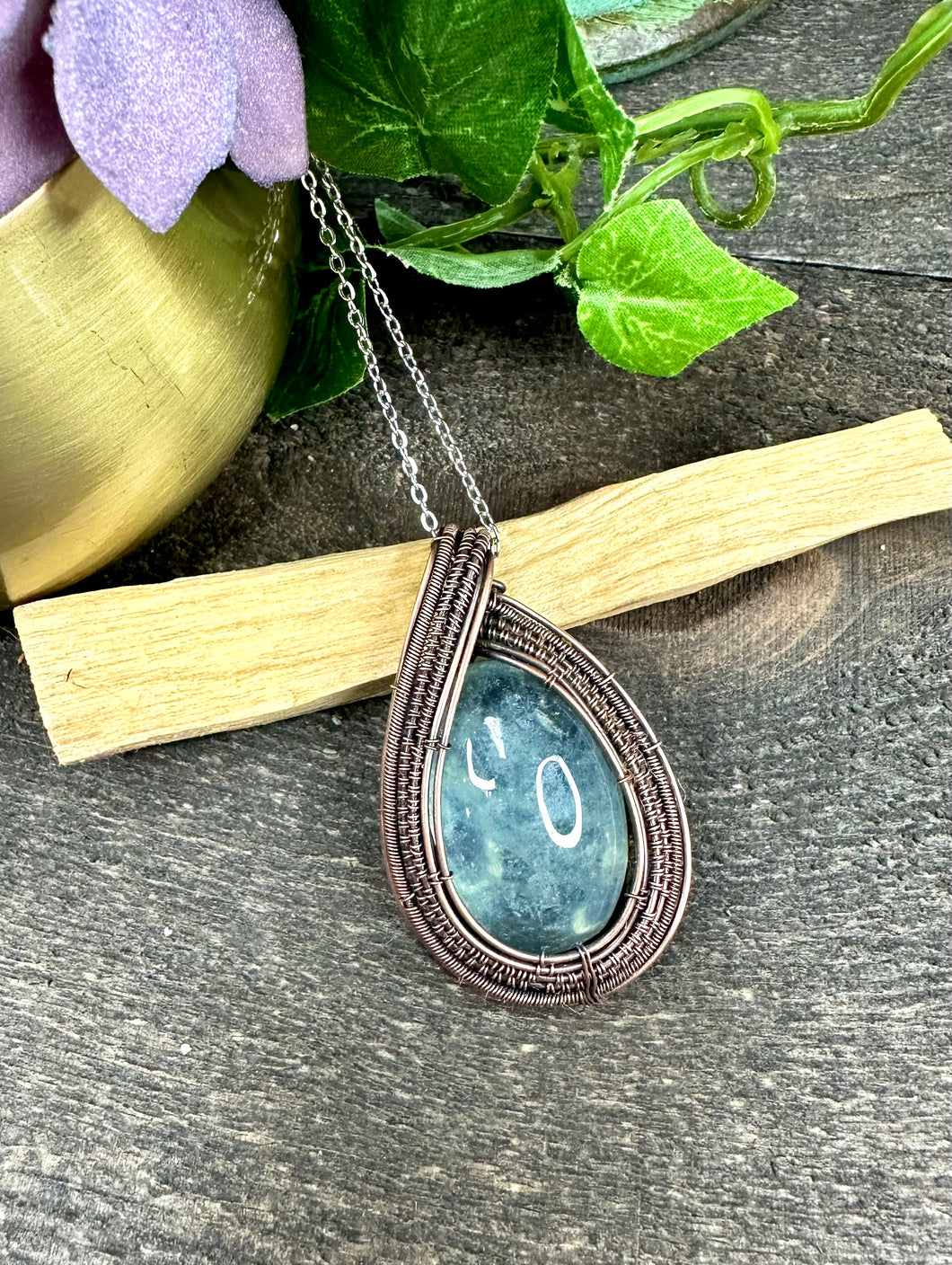 Aquamarine Flower Bud Wire Wrapped Copper Pendant Necklace