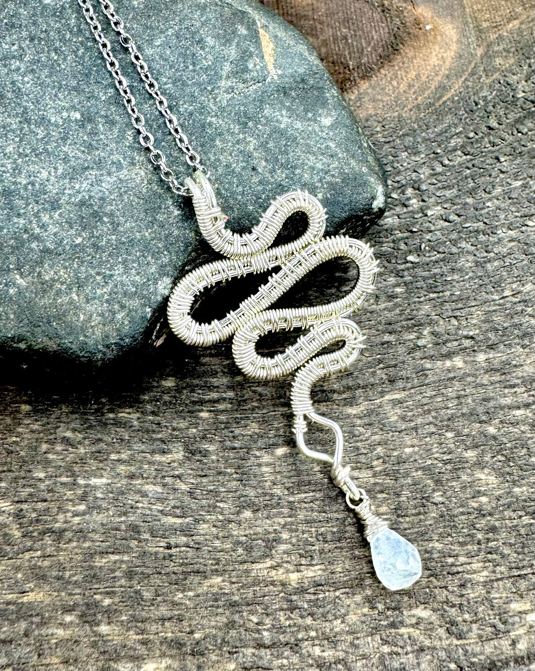 Silver Mini Serpent Necklace with Rainbow Moonstone