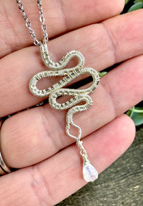 Silver Mini Serpent Necklace with Rainbow Moonstone