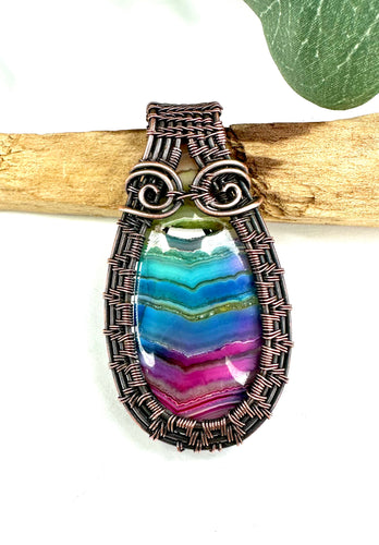 Rainbow Druzy Agate Cowl Cage Copper Wire Wrapped Pendant Necklace