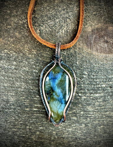 Hammered Labradorite Frame Cage Pendant Necklace