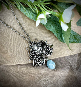 Aquamarine Lotus Silver Necklace with Card