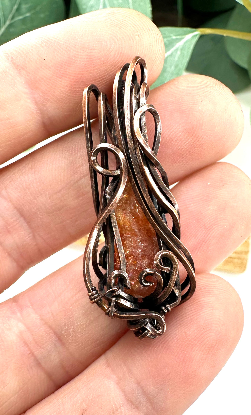 Raw Sunstone Flow Frame Copper Wire Wrapped Pendant Necklace