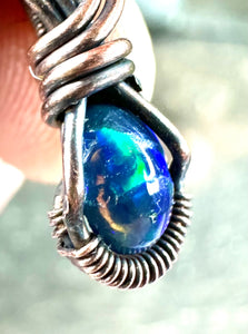 Blue Opal Nano Copper Wire Wrapped Pendant Necklace