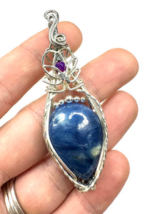 Silver Kyanite Lotus Pendant with Purple Opal