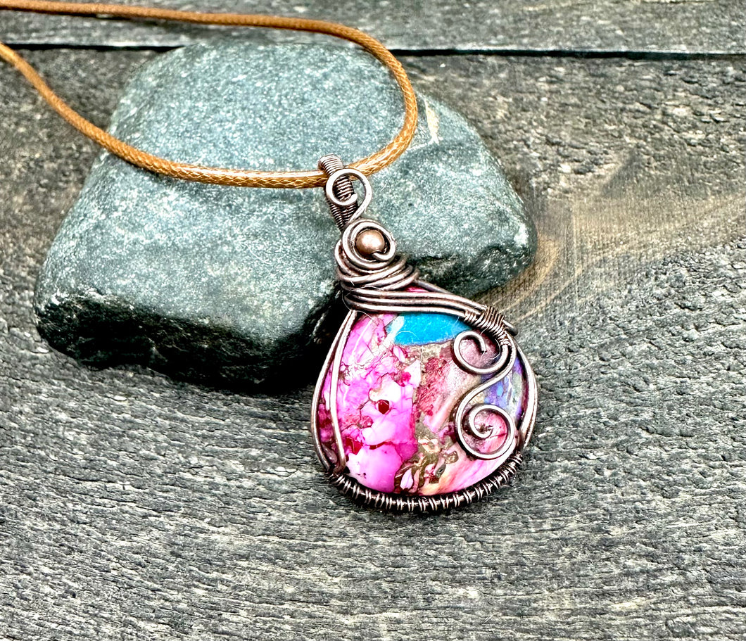 Pink Copper Turquoise Copper Wire Wrapped Pendant Necklace