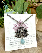 Load image into Gallery viewer, Aquamarine Lotus Silver Necklace with Card