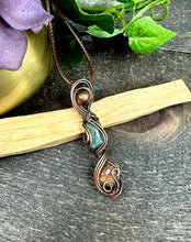 Load image into Gallery viewer, Raw Aquamarine &amp; Sunstone Double Stone Wire Wrapped Copper Pendant Necklace
