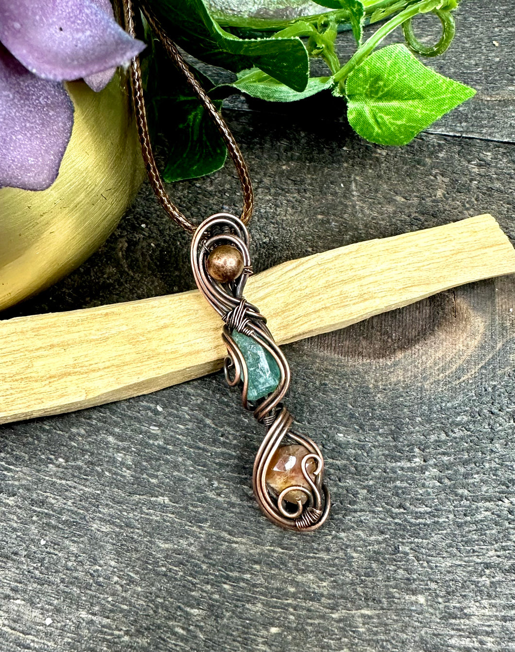 Raw Aquamarine & Sunstone Double Stone Wire Wrapped Copper Pendant Necklace