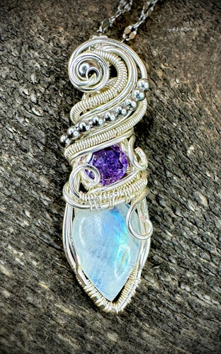 Rainbow Moonstone & Amethyst Silver Hug Pendant Necklace