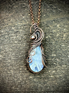 Rainbow Moonstone Wire Wrapped Pendant-Oxidized Copper