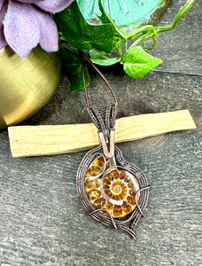 Hammered Ammonite Fossil Wire Wrapped Copper Pendant Necklace