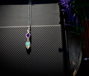 Double Purple & Ethiopian Opal Wire Wrapped Silver Necklace