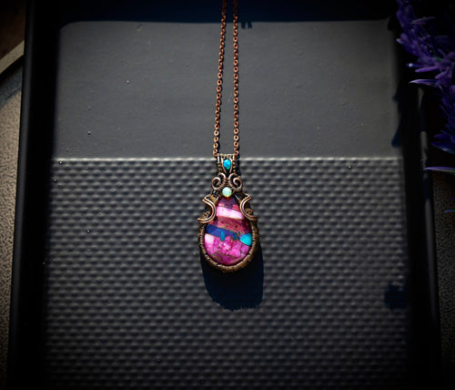 Pink Copper Turquoise & Mixed Opal Wire Wrapped Sara Pendant Necklace