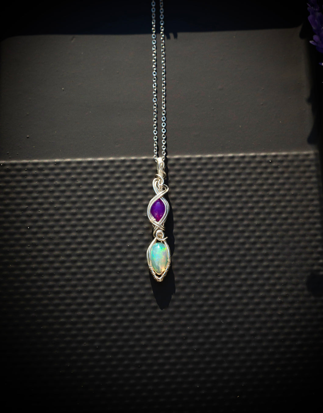Double Purple & Ethiopian Opal Wire Wrapped Silver Necklace
