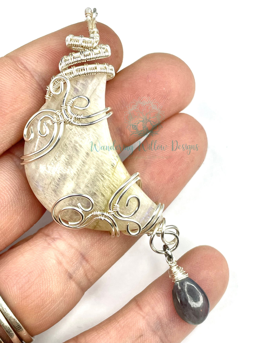 Moonstone Moon Wire Wrapped Pendant Necklace