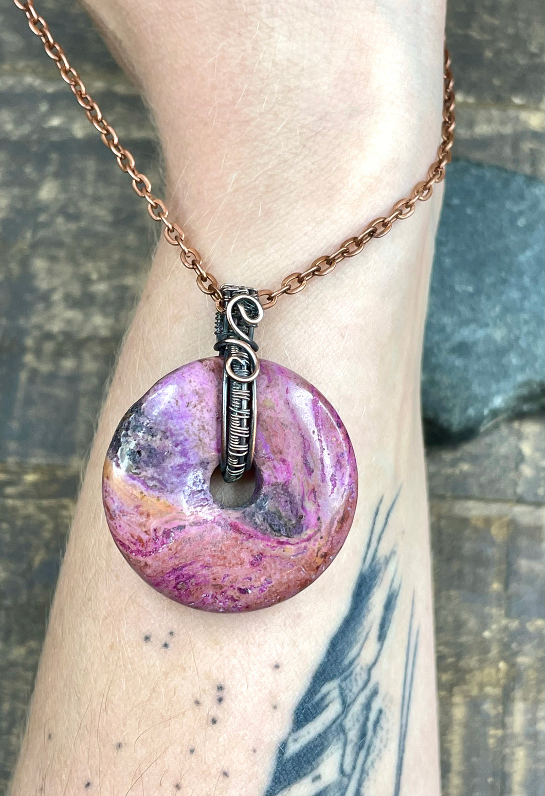 Jasper Pink Donut Wire Wrapped Pendant