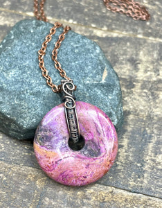 Jasper Pink Donut Wire Wrapped Pendant