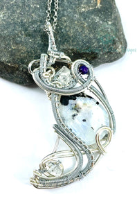 Rainbow Moonstone & Herkimer Diamond Moon Wire Wrapped Pendant Necklace