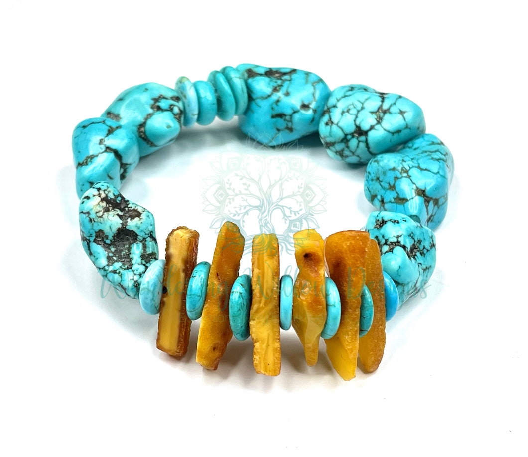 Turquoise & Chip Amber Nugget Stretch Bracelet