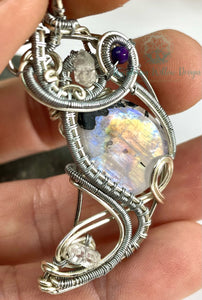 Rainbow Moonstone & Herkimer Diamond Moon Wire Wrapped Pendant Necklace